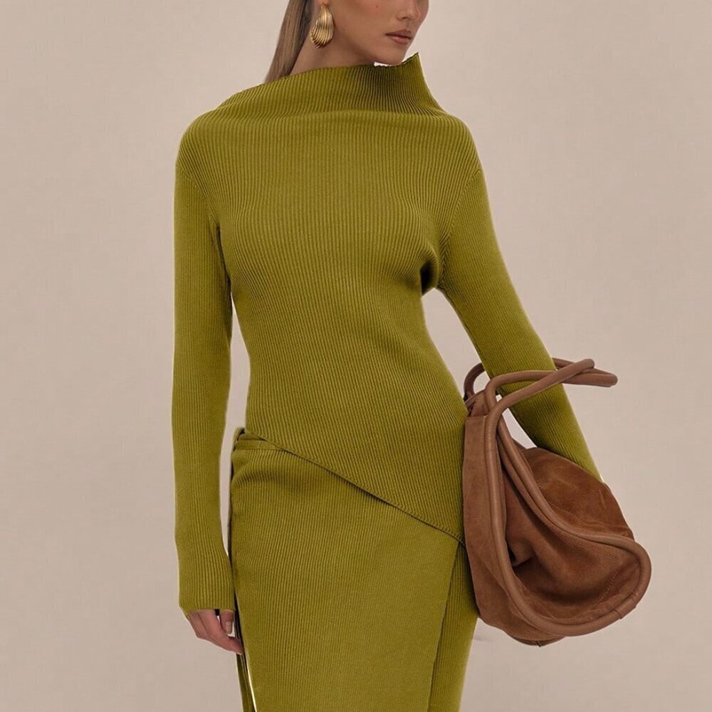 Olive Green Casual Asymmetrical Women's Ribbed Knit Sweater - Picture 3 of 5